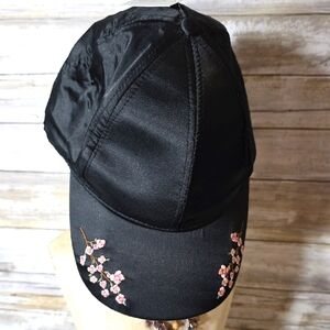 Francesca's Black Satin Floral Embroidered Cap